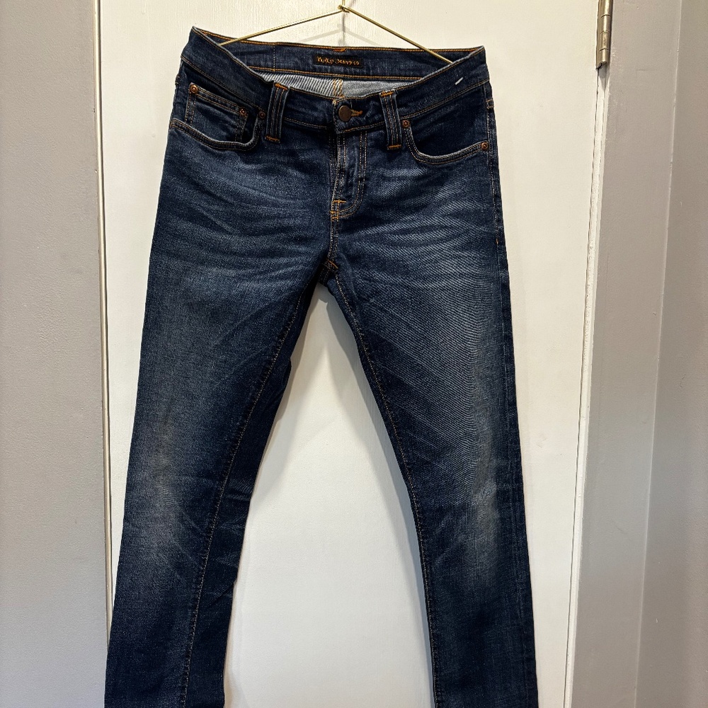 NUDIE Tight Long John Stretch Jeans Women's 27x34 Blue Zip Whisker Made in Italy